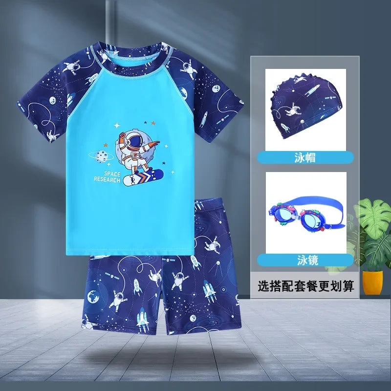 Children'S Swimsuits, Boys Hot Spring Swimsuit Sets, Short Sleeved Baby Cartoon Swimwear with Swim Kit Equipment