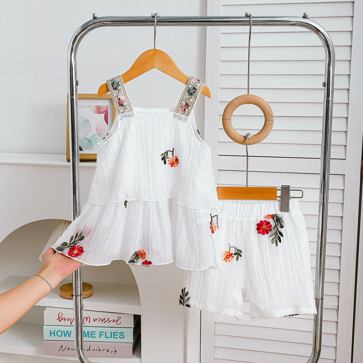 Girls Embroidered Suspender and Shorts Set
