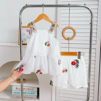 Girls Embroidered Suspender and Shorts Set
