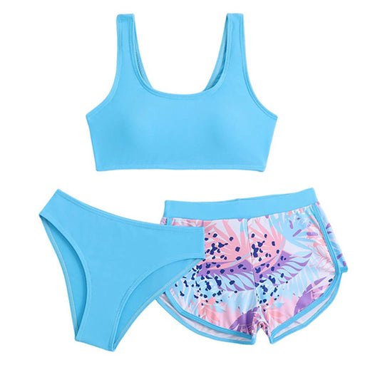 Girls 3 Pieces Color Block Printed Swimsuit Sleeveless Bra Top with Briefs and Shorts Set Swimwear Summer Beach Holiday Swimming