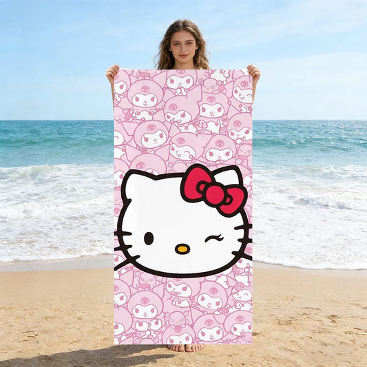 Pink Kawaii Hello Kitty Beach Towel Soft Microfiber Bath Towel for Girls Beach Pool Bathroom Decor