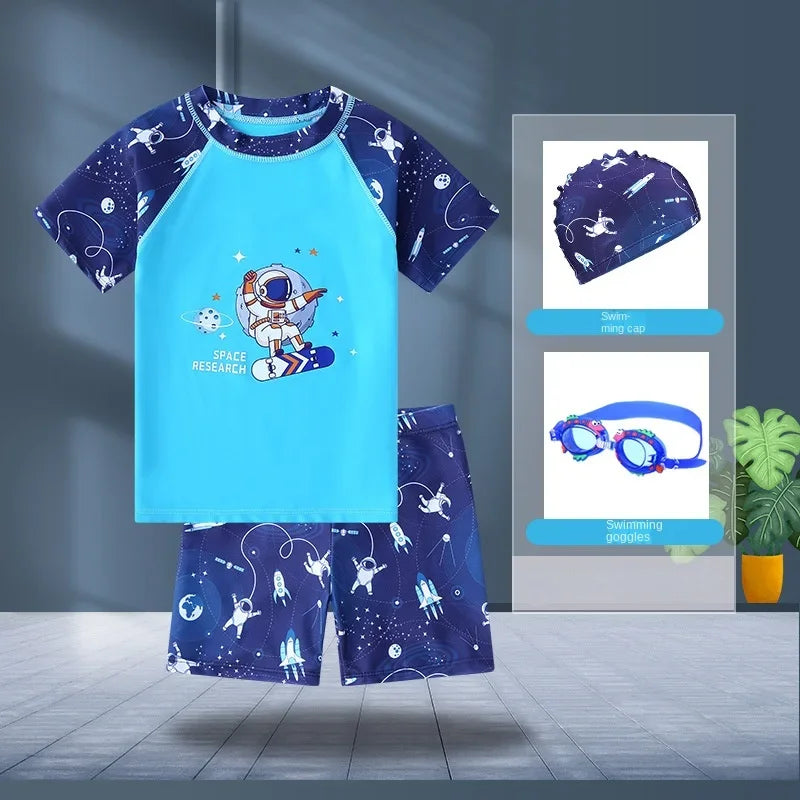 Children'S Swimsuits, Boys Hot Spring Swimsuit Sets, Short Sleeved Baby Cartoon Swimwear with Swim Kit Equipment