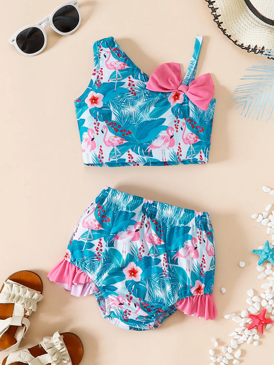 Summer Toddler Girls Swimwear 1-3Y Flamingo Tropical Print 2Pcs Bikini Set with Bow Ruffle Hem Kids Beachwear