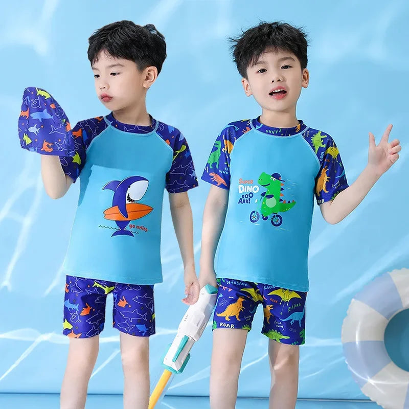Children'S Swimsuits, Boys Hot Spring Swimsuit Sets, Short Sleeved Baby Cartoon Swimwear with Swim Kit Equipment