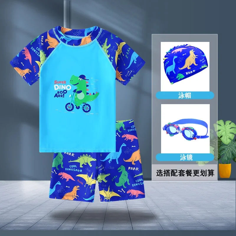 Children'S Swimsuits, Boys Hot Spring Swimsuit Sets, Short Sleeved Baby Cartoon Swimwear with Swim Kit Equipment