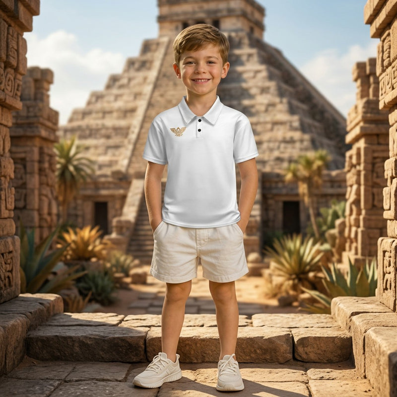Eldorado Kidz white pique polo shirt with shoulder buttons, worn by a smiling boy in front of ancient ruins.